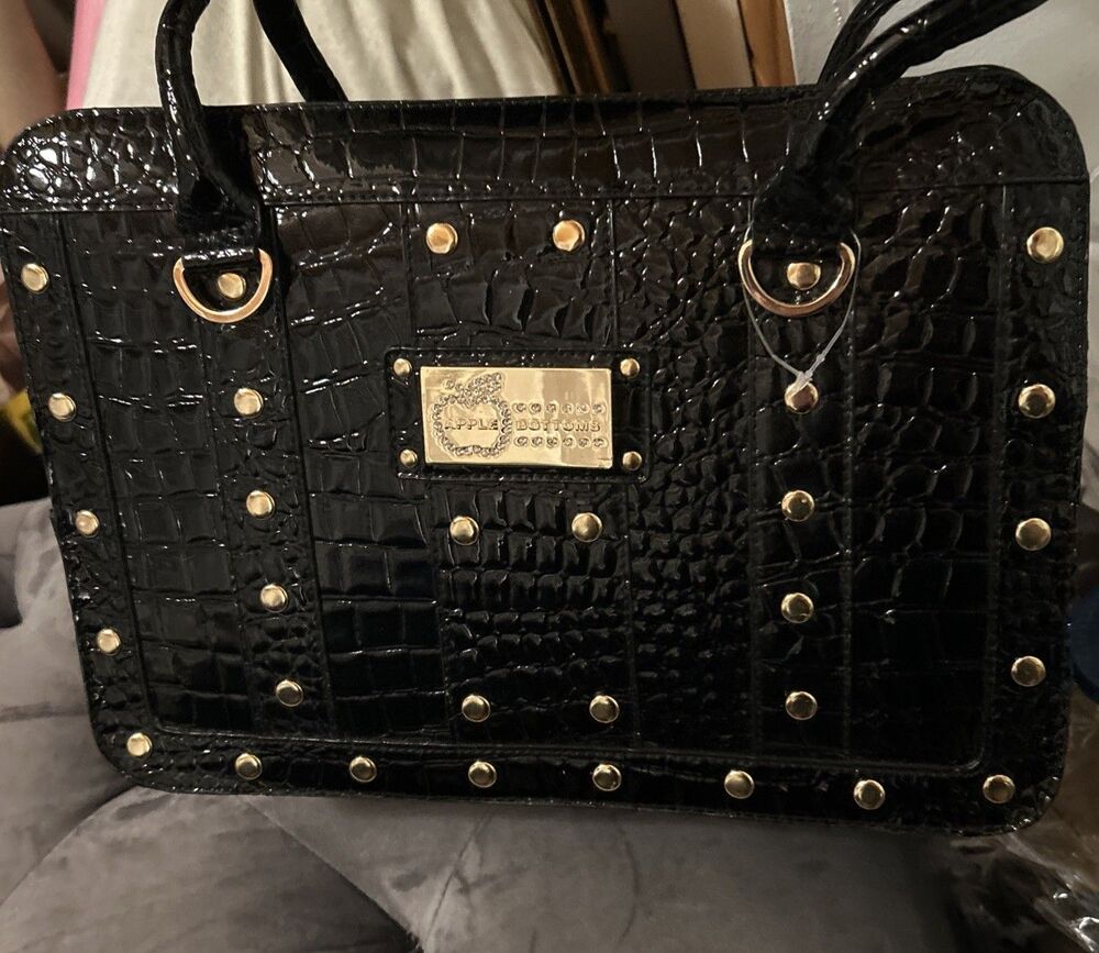 VTG Apple Bottoms Y2K NWOT Faux Croc Patent Satchel Bag gold-tone Logo & Studs M